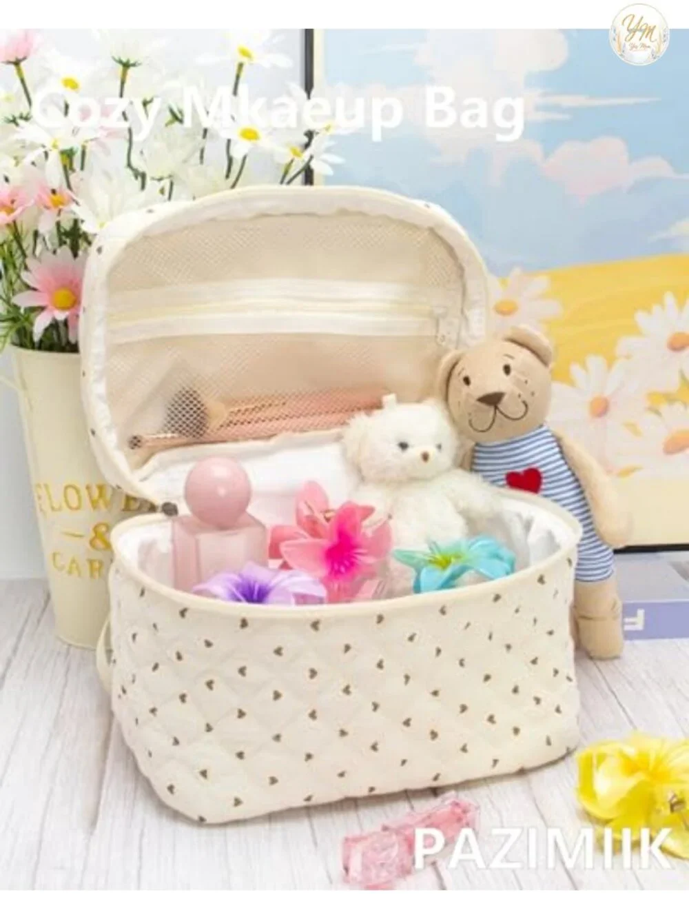3-Piece Quilted Makeup Bag Set with Heart Zipper, Cosmetic & Toiletry